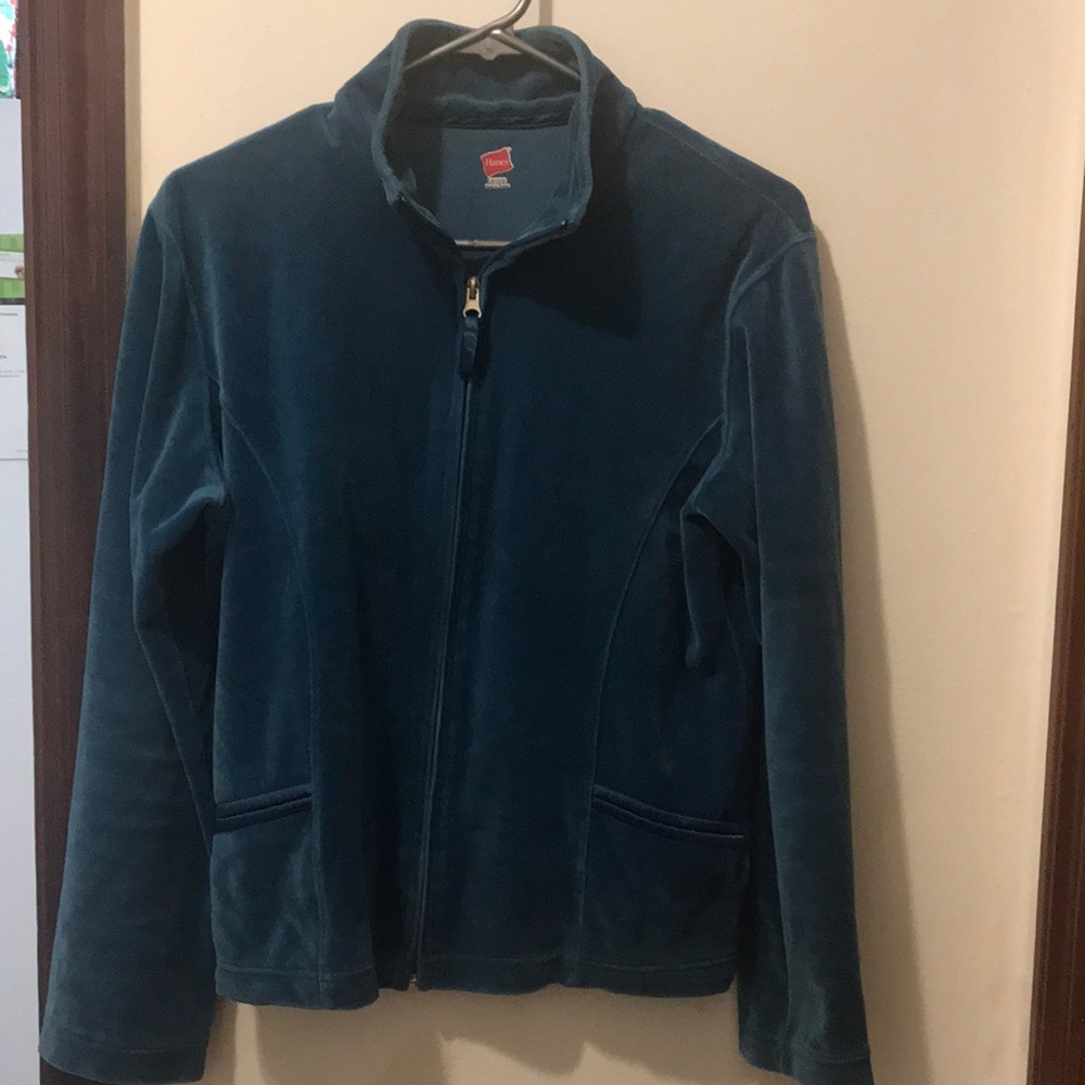 Teal colored Hanes velour front zip sweatshirt with 2 front pockets in large